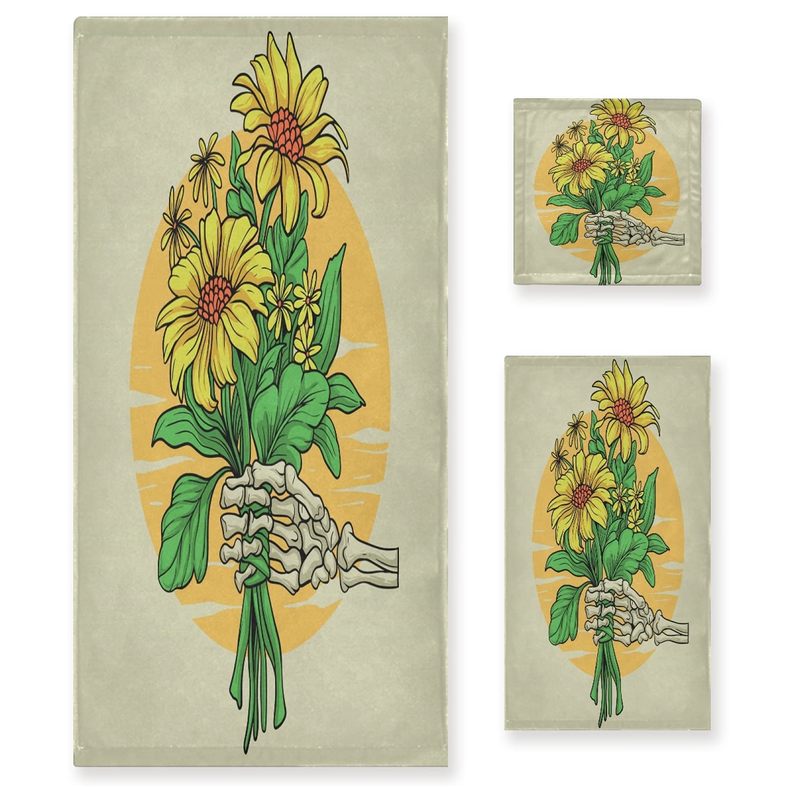 Vnurnrn Mano De Calavera Girasol Juego de Toallas para Baño Playa Toalla (1 Toalla de Baño y 1 Toalla de Mano y 1 Paño de Lavado) para Nadar Niñas Niños