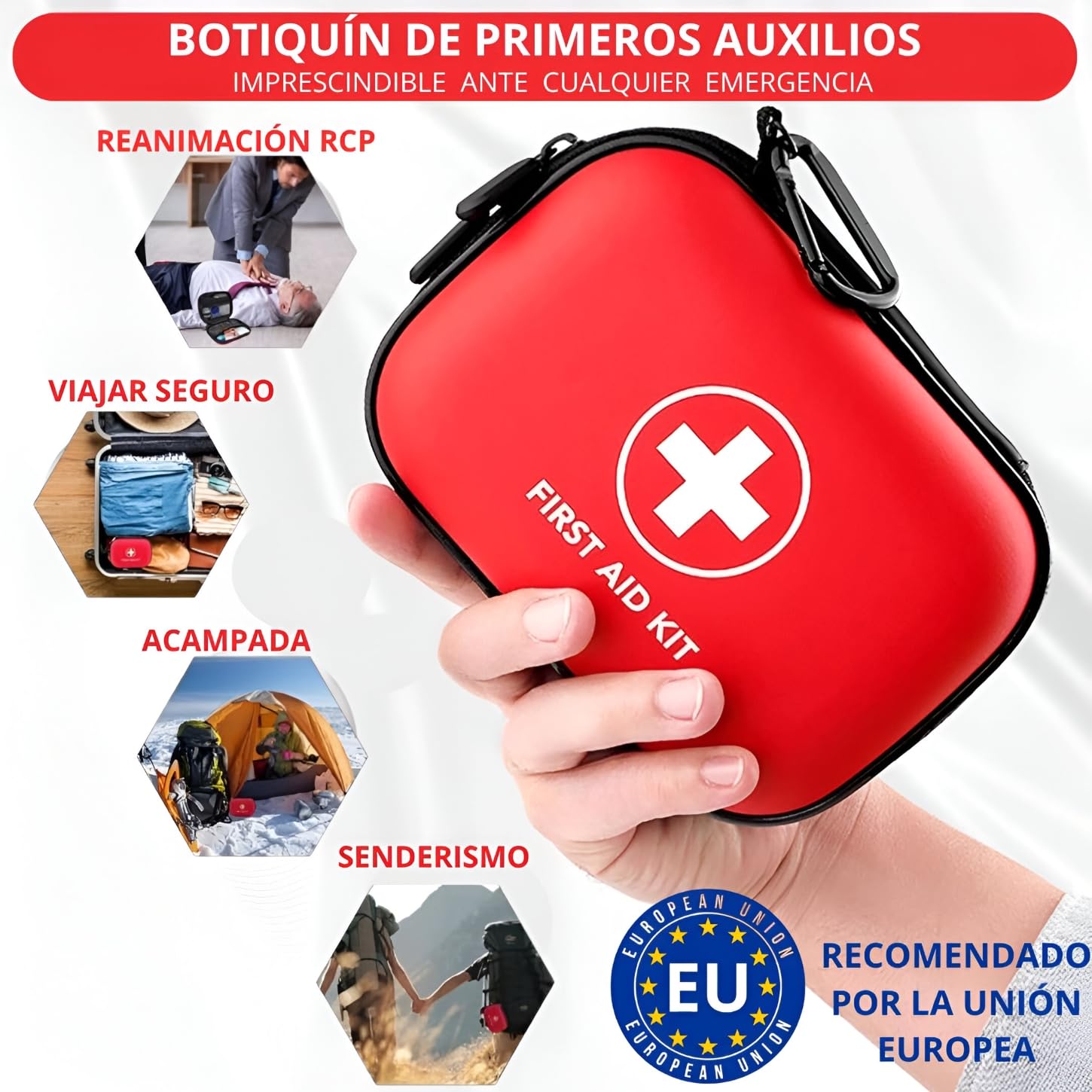 Botiquín de Primeros Auxilios 96 Piezas - Kit de Seguridad para Coche con Martillo Emergencia y Cortador de Cinturón - Estuche Rígido Impermeable