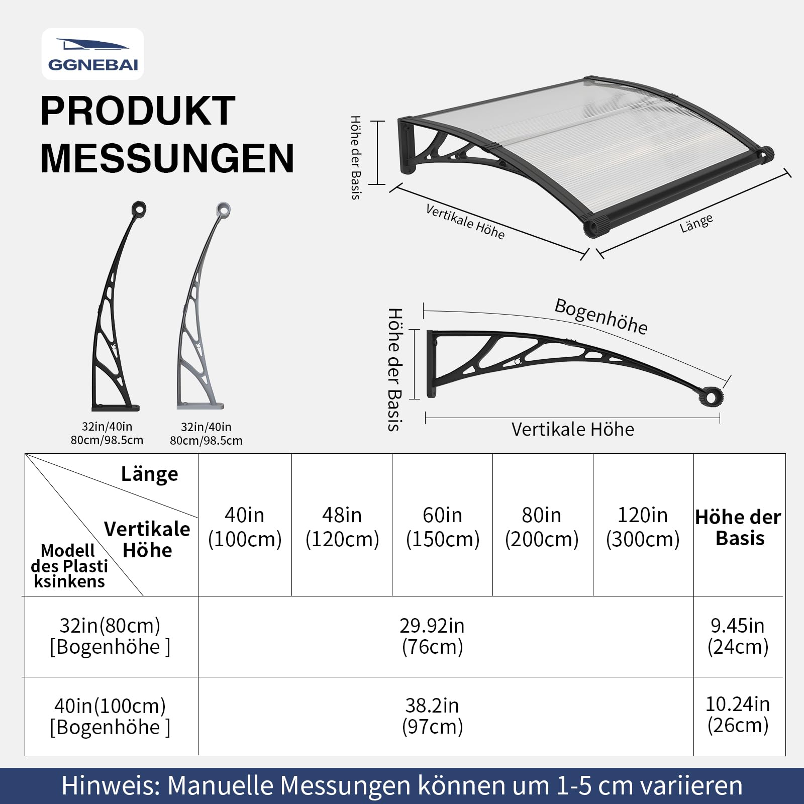 Vordach für Haustür, 200x100cm Fenstervordach mit separater Entwässerung, Polycarbonat Pultvordach Überdachung für UV-, Regen- und Schneeschutz – Ideal für Veranda