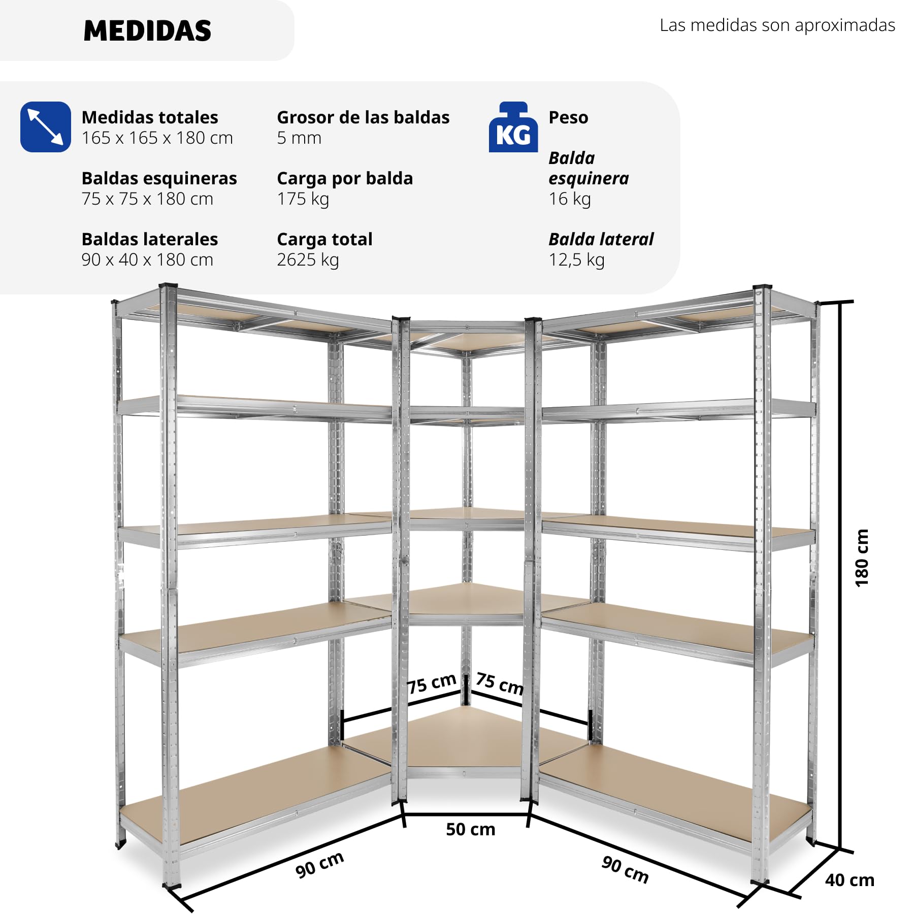 tectake® Estantería para Cargas Pesadas, 3 Partes, 15 Estantes, Estructura de Acero Galvanizado, Capacidad de Carga 2625 kg, Ajustable en Altura, Convertible en Bancos de Trabajo, Bordes Redondeados