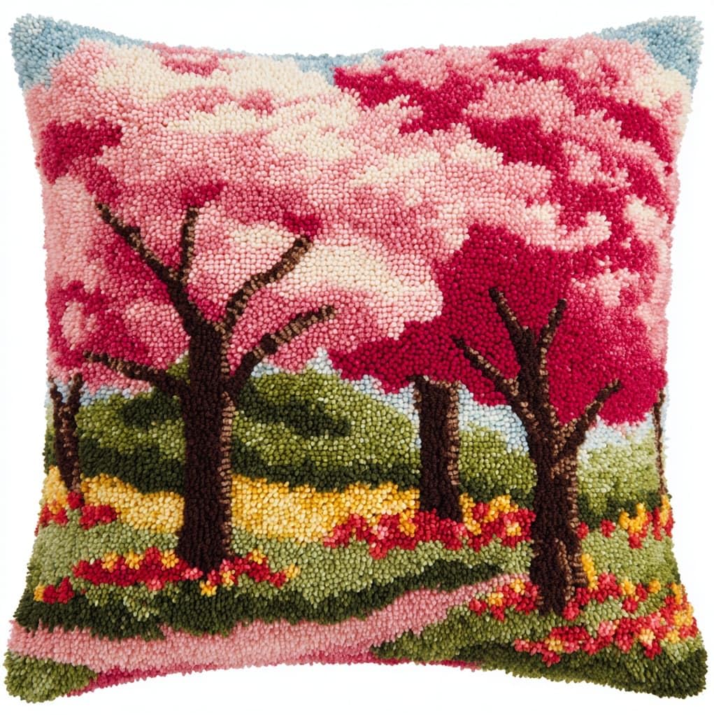 Henypt Latch Hook Craft Kit 17x17 Inch,Flowering Trees Complete Embroidery Cushion Kit,Creative Craft Stress Relief Handmade Gift for Beginners