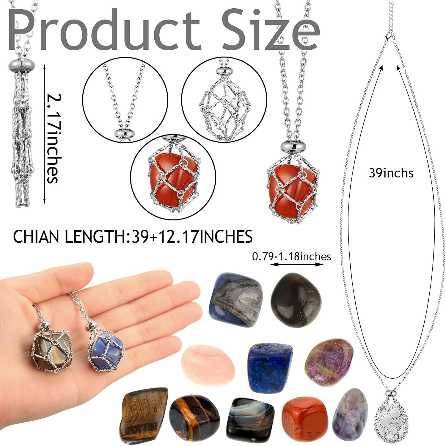 Landical 24 Pcs Crystal Necklace Holder Crystal Adjustable Empty Stone Holder Metal Stainless Steel Boho Cage Interchangeable Gemstone Jewelry Gift DIY Pendant Net for Women Men