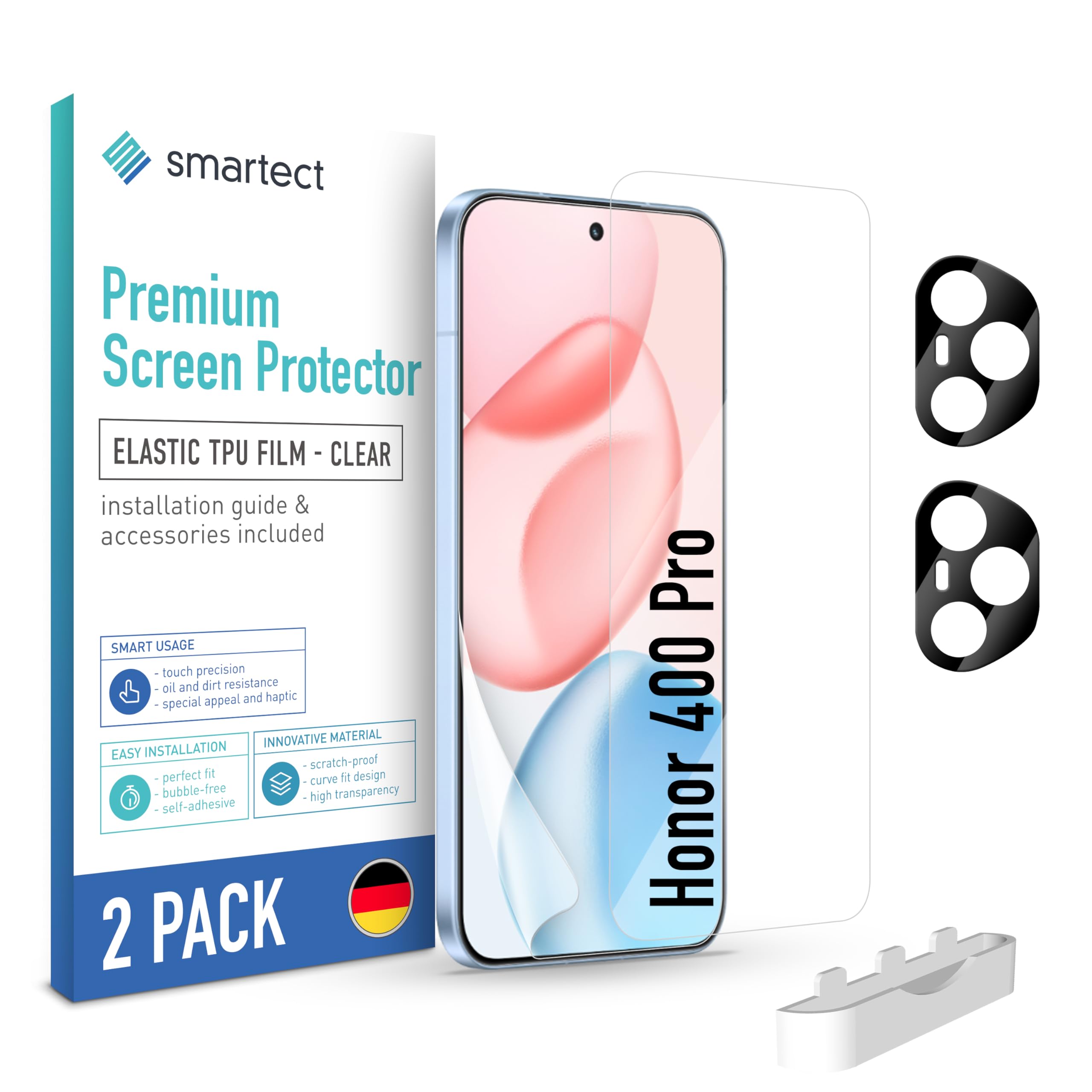 smartect TPU Ochraniacz Ekranu 2 + 2 Sztuki dla Honor 400 Pro | Folia Ochronna + Kamera, Anti-Zarysowania, Ultra-przezroczysta, Bez Pęcherzyków, Anti-Odciski Palców, Przyjazna dla Etui