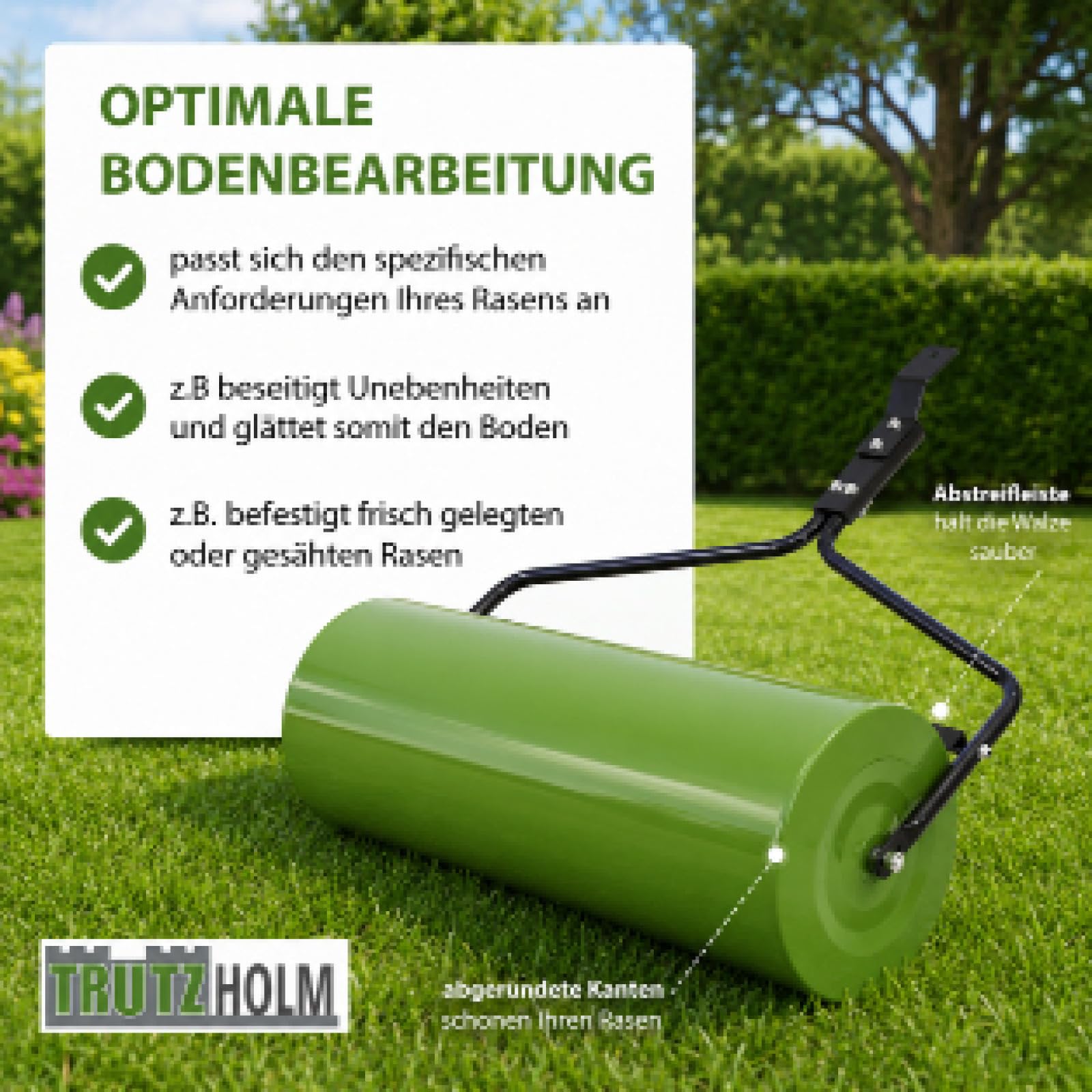 TRUTZHOLM Rasenwalze 97 cm für Rasentraktor ATV befüllbar Wasser oder Sand bis 95 L Schmutzabweiser Gartenwalze Ackerwalze