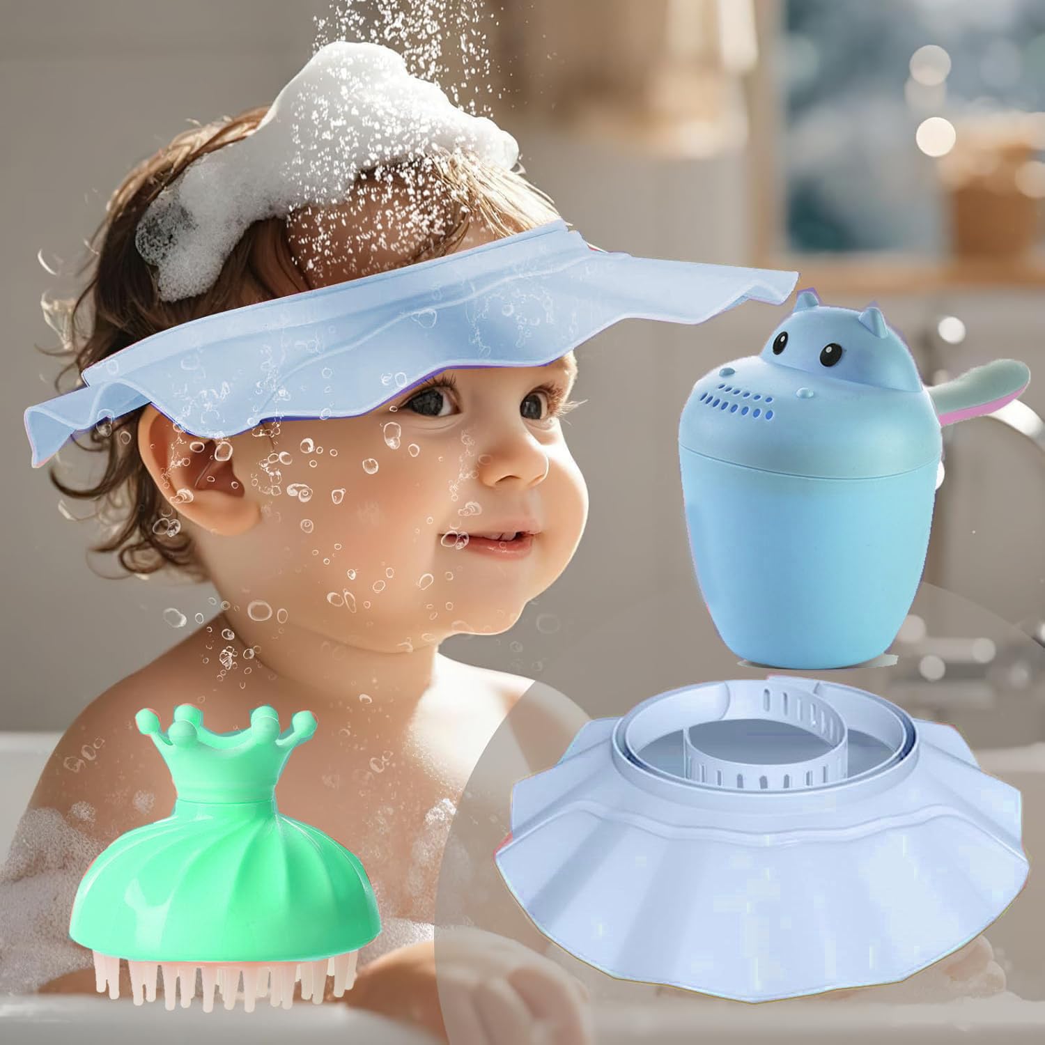 3-teiliges Baby-Badeset, Baby-Duschhaube, Hut, Shampoo-Tasse und Duschschwämme, Haarwäsche, sicheres Shampoo, Dusche, Badeschutz, Kopf, Augen, Ohren, Shampoo-Kappen für Kleinkinder, Babys, Kinder