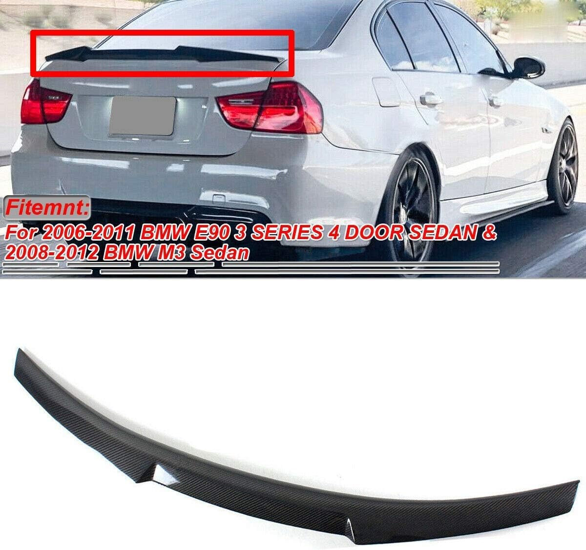 NO7RUBAN M4 Style Trunk Spoiler Wing Compatible with 2008-2012 BMW E90 M3 Sedan & 2006-2011 E90 3 Series Sedan Carbon Fiber Style