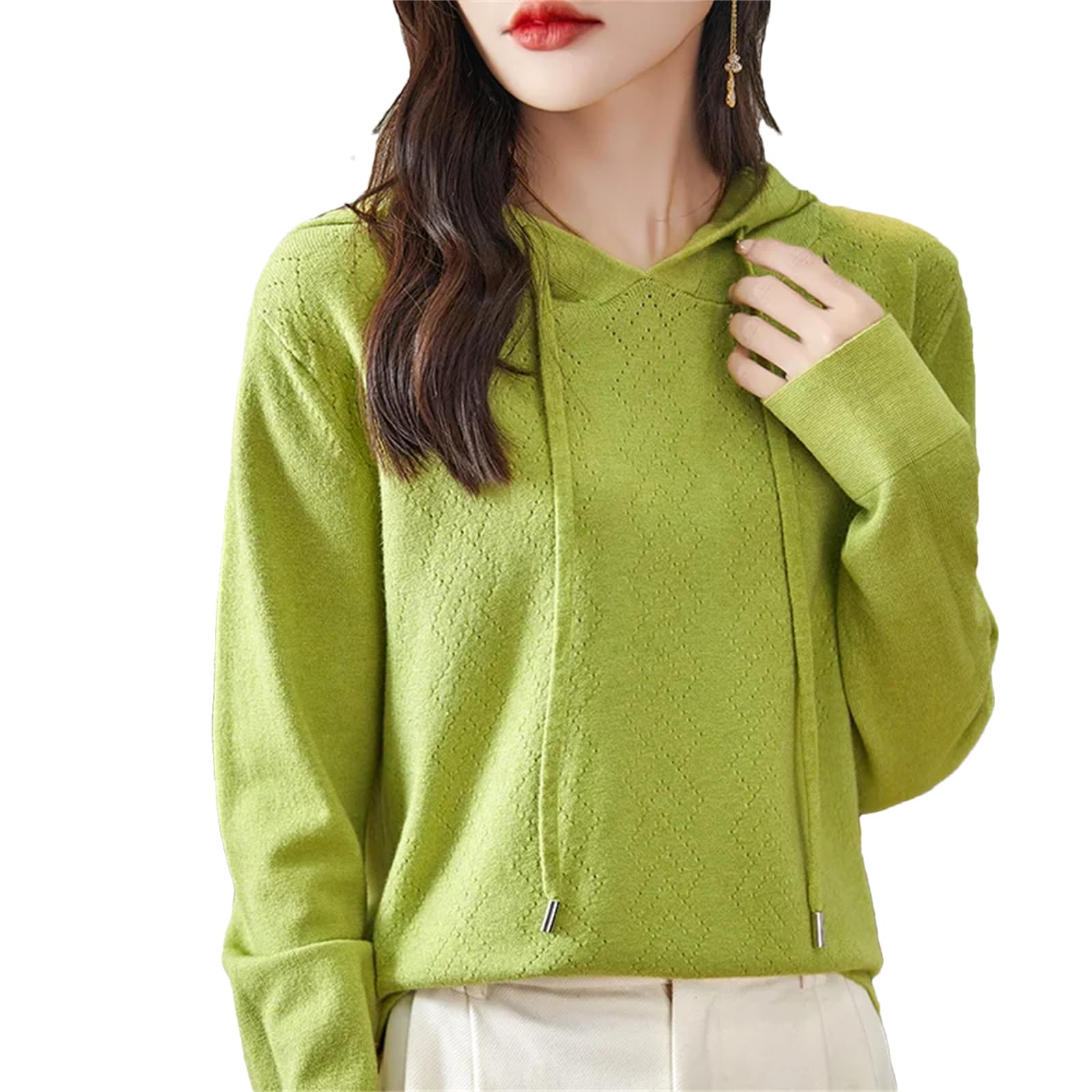 Pullover da donna con cappuccio in cashmere primaverile maglione con cappuccio sciolto felpa con cappuccio a maglia, Frutta leggera En8, M