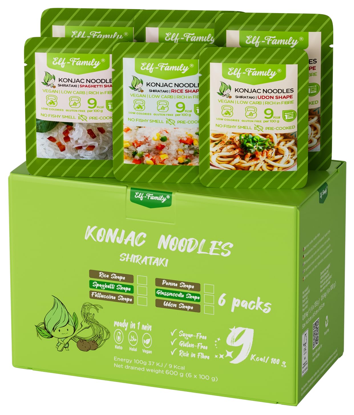 Elf-Family Shirataki Noodles Premium 9kcal Bajo en Carbohidratos Konjac Keto Vegano Sin Gluten Sin Azúcar Spaghetti Arroz Udon