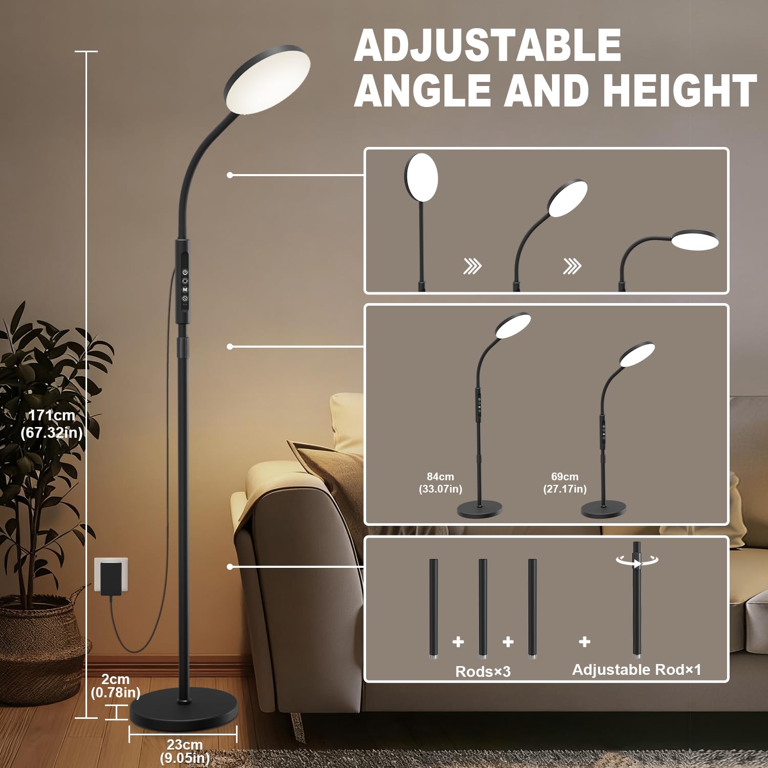 Lampa Podłogowa i Biurkowa 20 000 Lux - Regulowana Wysokość, 5 Kolorów Światła, 10 Poziomów Jasności, Timer, Stabilna Podstawa - Lampa Dzienna do Sypialni, Salonu, Biura