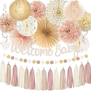 Champagne-Gold Boho Baby Shower Party Decoration -Welcome Baby Banner with Neutral Paper Lanterns, Girl Tassel Garland, Honeycomb Balls, Paper Flowers, Fans, Hanging Swirls Beige Peach Backdrop Décor