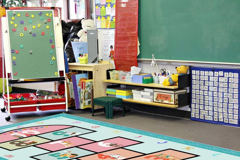 Hopscotch Rug 63”x31, Hop and Count Game Rug with Colorful Alphabet and Animals Design Anti-Slip Kids Play Mat, Soft Floor Area Rug & Carpet Playroom Bedroom Living Room