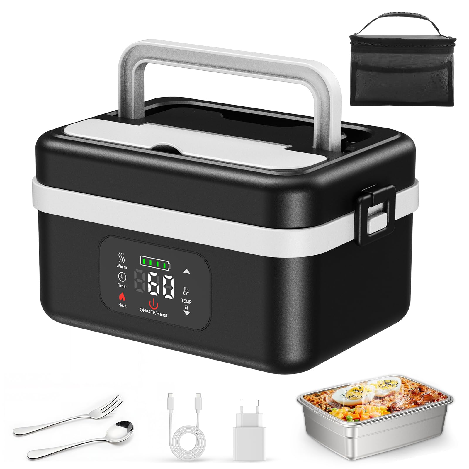 Fiambrera Eléctrica,Fiambrera Recargable Taper Electrico Para Comida de 16 000 mAh, Calentador de Alimentos portátil de 1 l con Calentamiento Automático, almuerzo caja calefactora