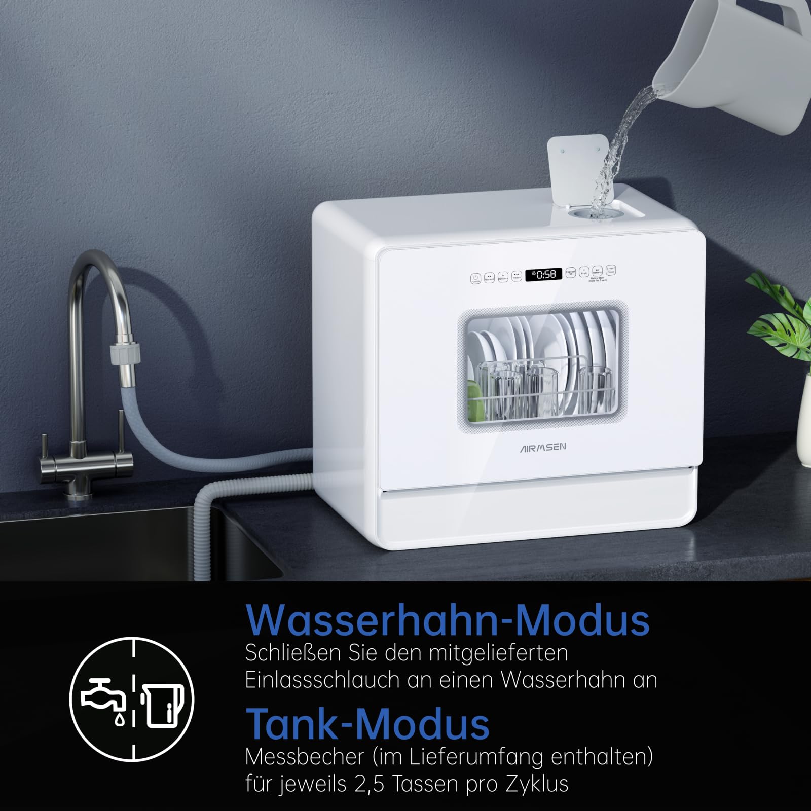 czyuRachel Mini-vaatwasser, 60 liter, 1500 W, 220 V, 304 roestvrij staal, vaatwasser, tafelvaatwasser, vrijstaand, vaatwasser, wit, voor kleine keukens