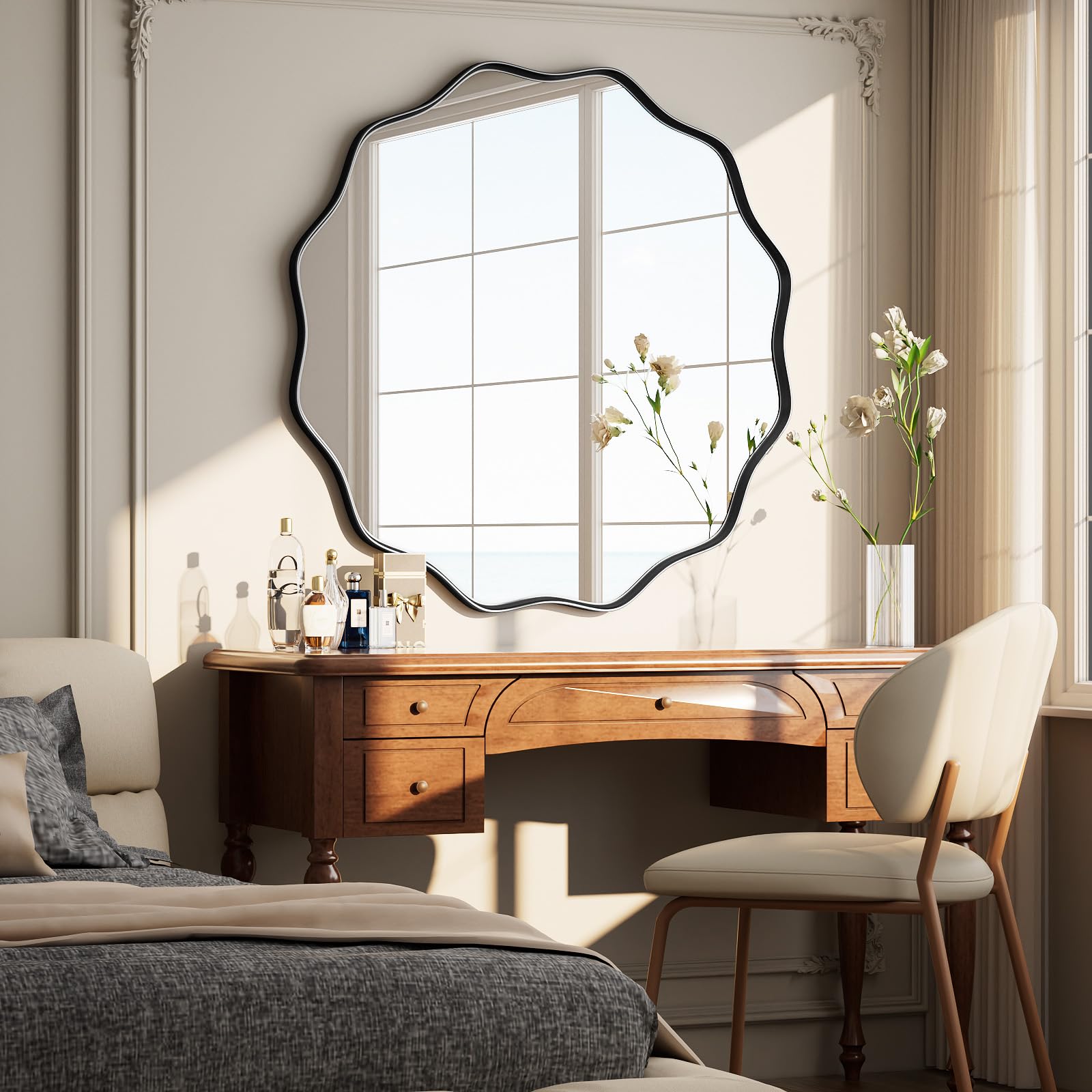 Koonmi Black Wavy Edge Large Round Mirror, 105Cm Wall Mirror With Textured Round Metal Frame, Be Hung Or Placed Against The Wall, Suitable For Bathroom, Corridor, Entrance, Living Room,