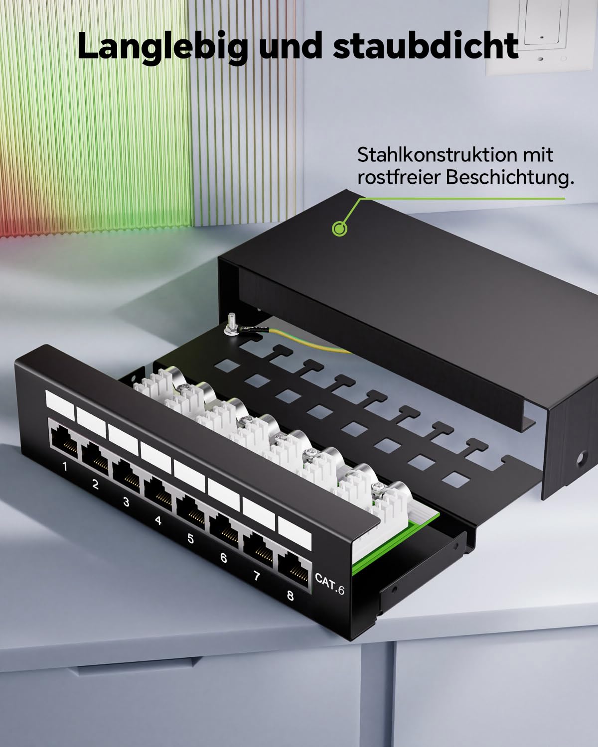 8 Port CAT6 Patchpanel Verteilerfeld, 1Gbps/250MHz, Vergoldete Patch Panel für Cat6/5E/5 Verlegekabel, Metallgehäuse mit Erdung für Wandmontage und Heimvernetzung
