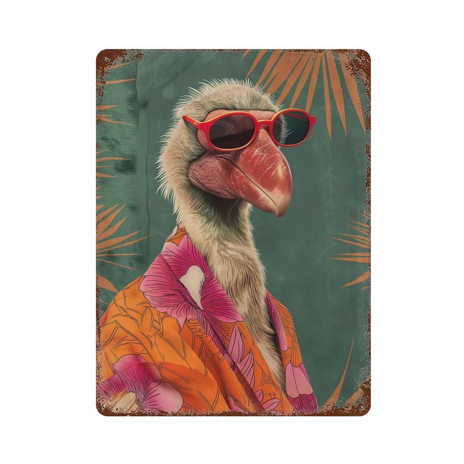Aged Metal Wall Plaque with Bird in Sunglasses Design 15.7"x11.8", for Pub, Kitchen And Man Cave Decor, Shabby Chic Decor
