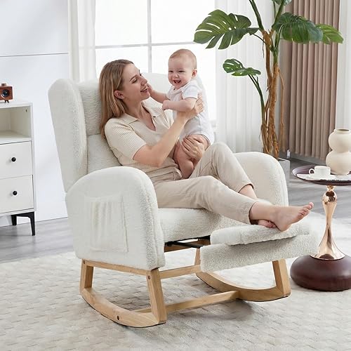 Vista 3 de NIOIIKIT Mecedora de Guardería con Reposapiés, Silla Deslizante Tapizada Teddy, Silla Mecedora de Guardería con Bolsillo Lateral, Mecedora Oso