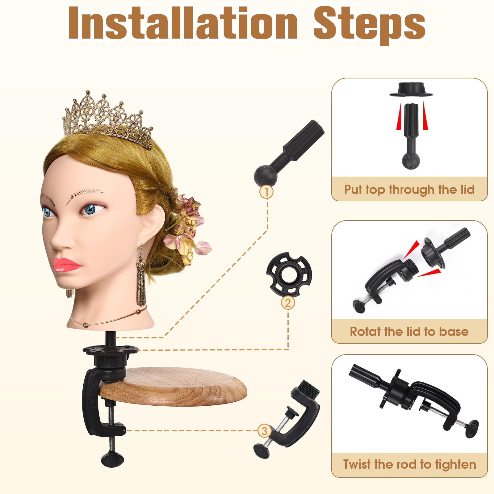TopDirect Testa di manichino da 66 cm, 80% capelli veri, per cosmetologia, parrucchiere, manichino, con morsetto da tavolo + set per treccia (capelli dorati + occhi azzurri)