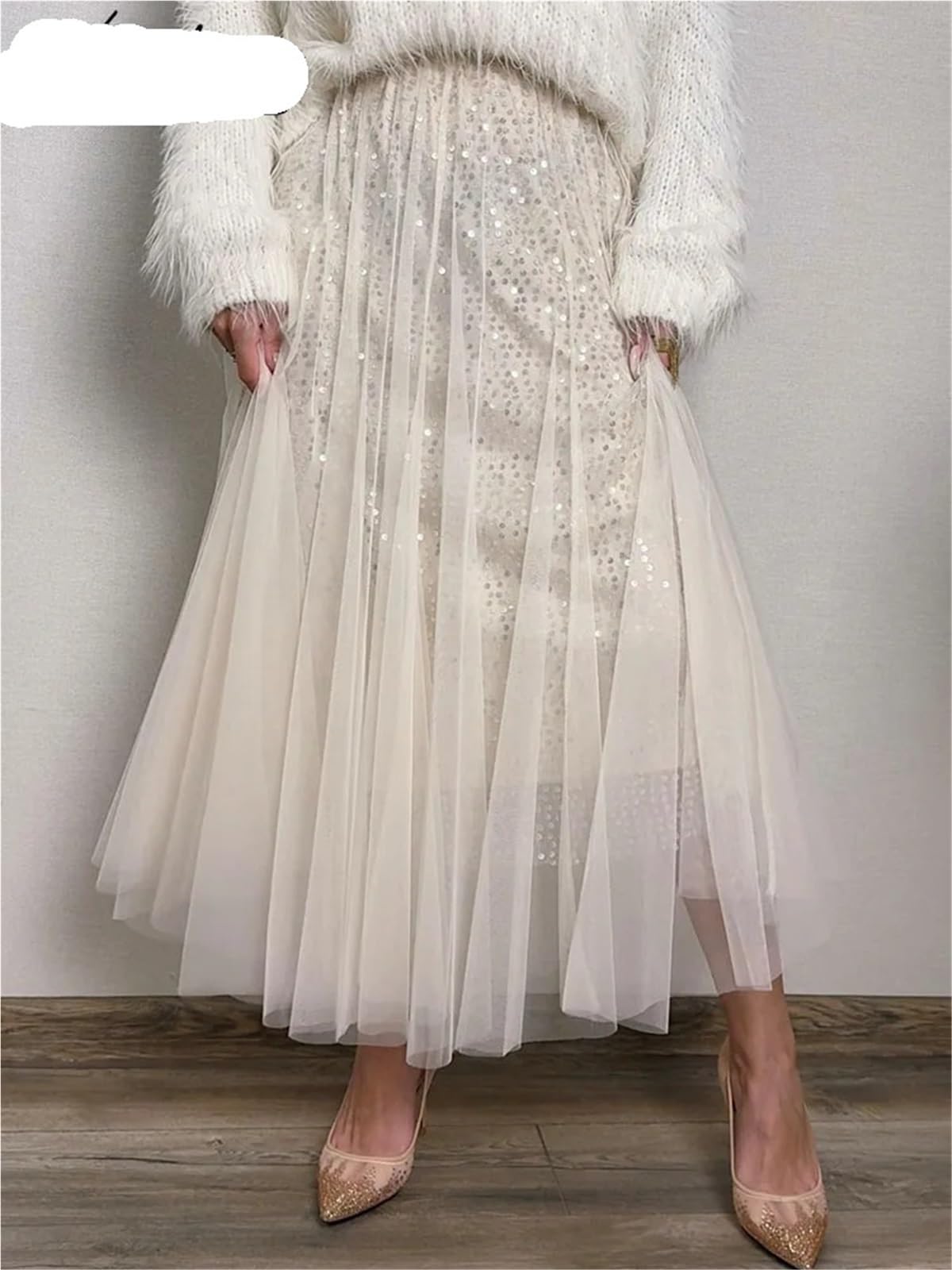 Gonne con paillettes a rete da donna lunghe a vita alta in tulle midi nero | Gonne Gonna lunga in tulle nera a vita alta con paillettes for donna Gonna torta con volant