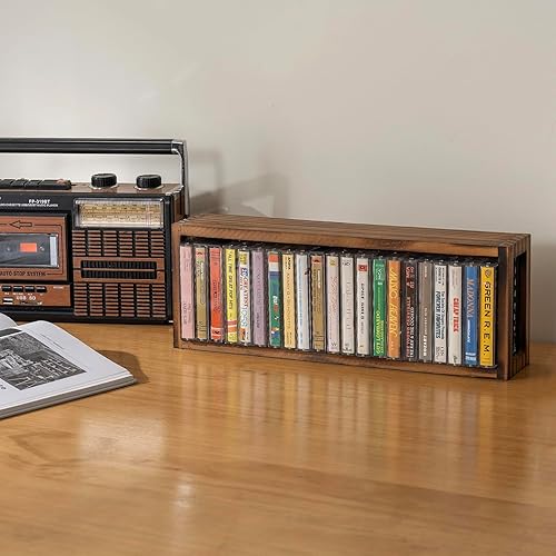 Miniatura 2 de FARM IN Almacenamiento de cinta de casete, estilo granja, estante de casete para montaje en mesa o pared, madera maciza rústica quemada y malla de