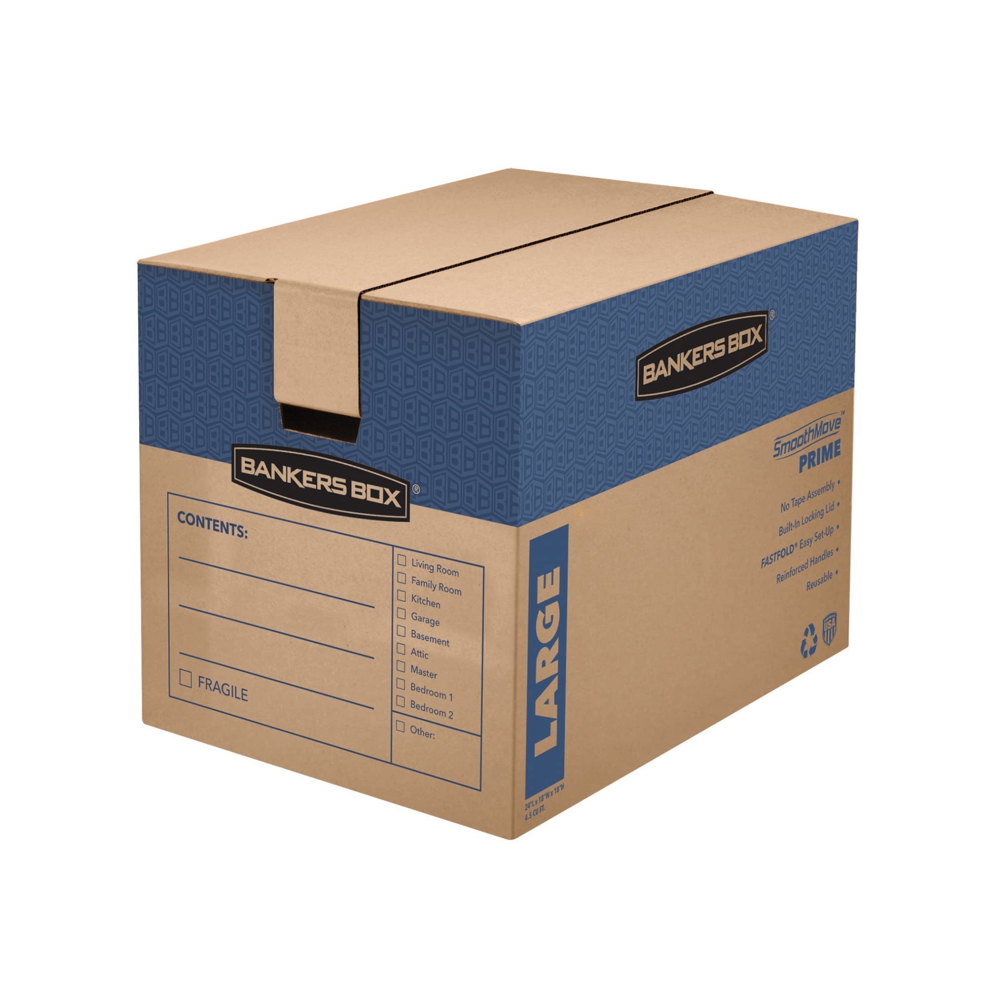 Bankers Box 6 Pack Large Prime Moving Boxes, Tape-Free FastFold with Reinforced Handles and Attached Locking Lid