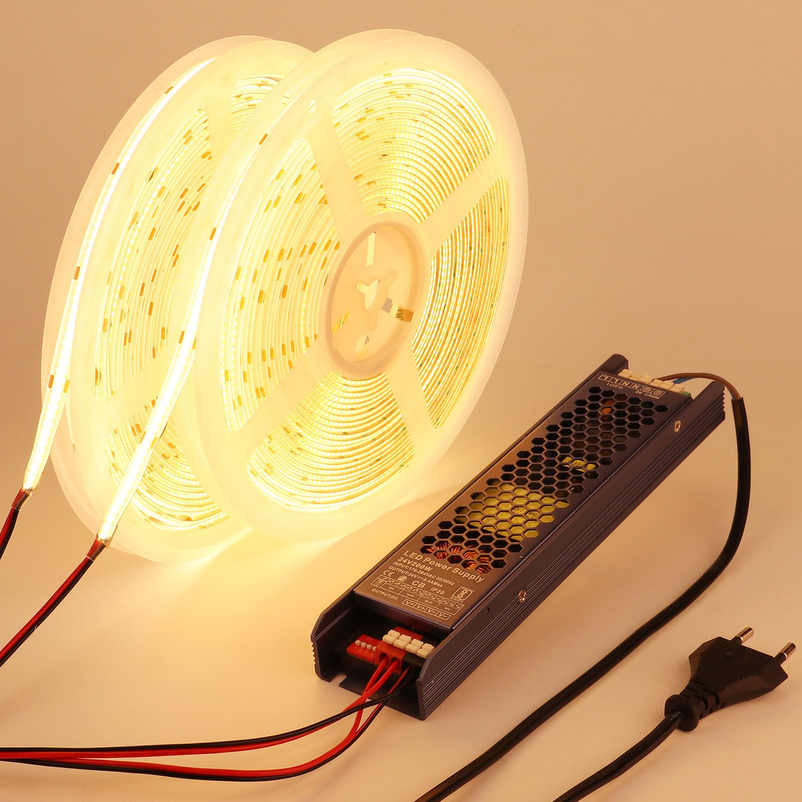 BENLUN 24V COB LED Streifen 20M (10M X 2) 3000K Warmweiß Wasserdicht Outdoor Selbstklebend CRI 93 mit Netzteil