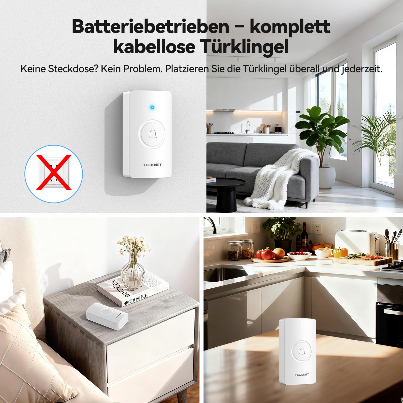 TECKNET Funkklingel, Batteriebetriebene Türklingel mit 4 Empfängern & 2 Sendern, Haustür Klingel Set 400 m Reichweite, IP67 Funkklingel Aussen Wasserdicht, 5 Lautstärkestufen und 60 Melodien, Weiß
