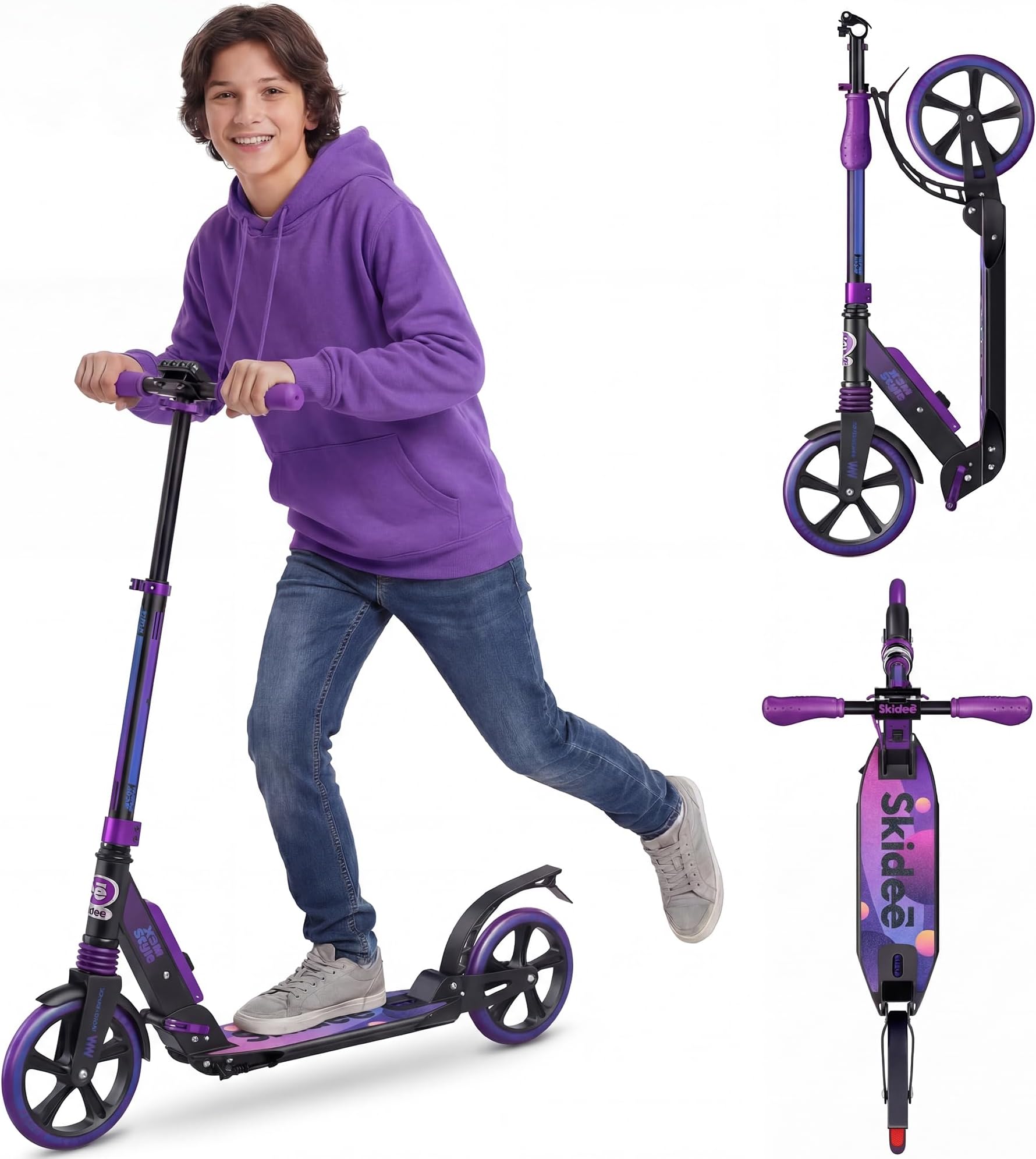 Skidee Adult & Teen Scooter Adjustable Height, Folding, Large Wheels, Lightweight, Durable, Anti-Shock Suspension, Up to 220 lbs