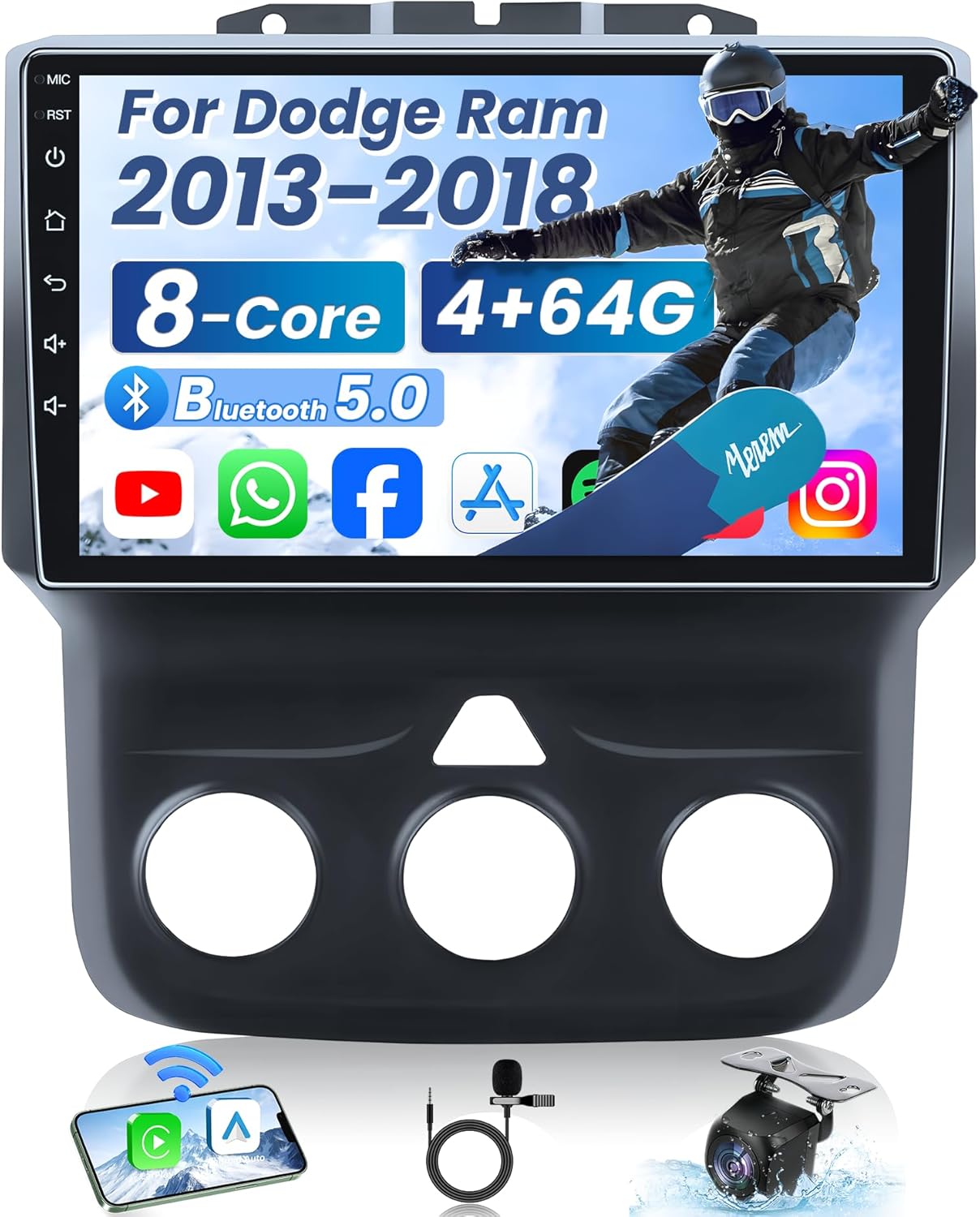 8 Core 4+64G Car Stereo Radio for Dodge RAM 1500 2500 2013-2018 (Manual AC): 36EQ HD Touchscreen CarPlay Android 13 Bluetooth 5.0 DSP FM/RDS Audio GPS SWC Mirror Link 1080P Backup Camera Split-Screen