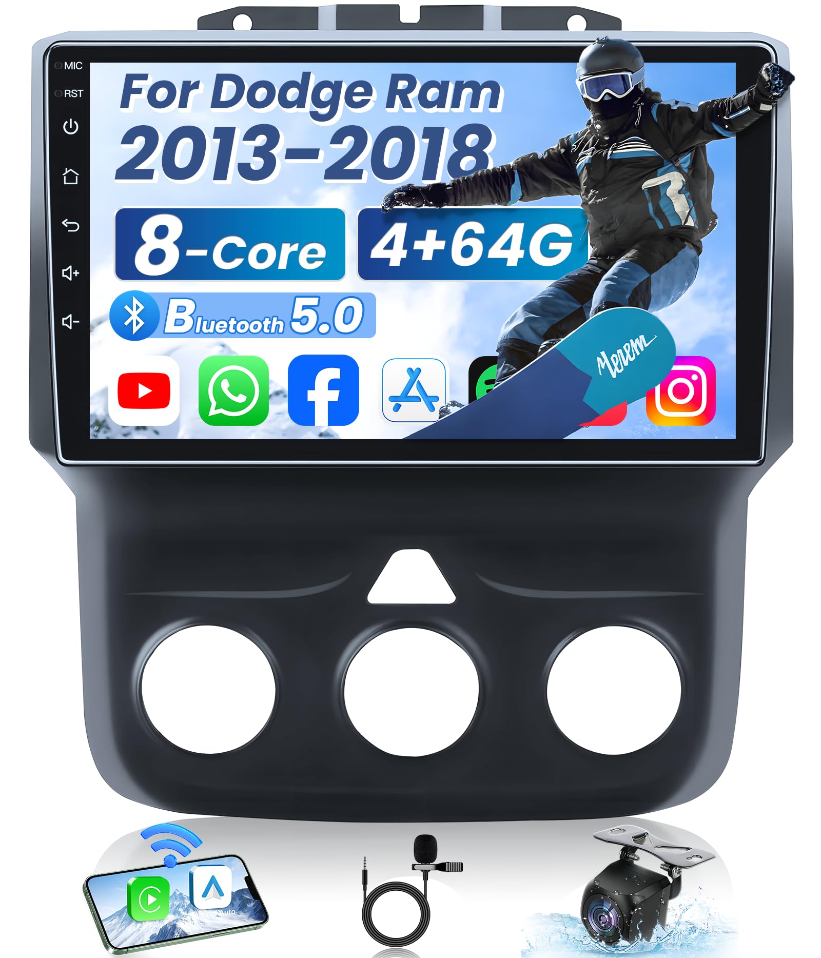 8 Core 4+64G Car Stereo Radio for Dodge RAM 1500 2500 2013-2018 (Manual AC): 36EQ HD Touchscreen CarPlay Android 13 Bluetooth 5.0 DSP FM/RDS Audio GPS SWC Mirror Link 1080P Backup Camera Split-Screen