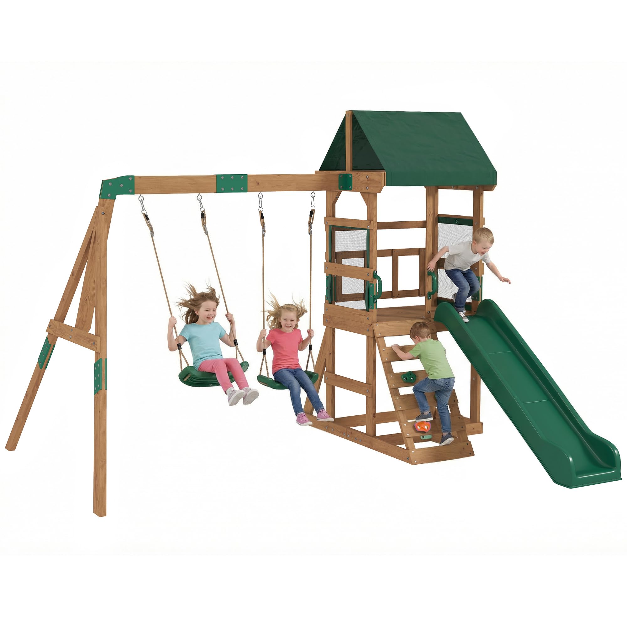 AIYAPLAY Aire de Jeux portique en Bois 2 balançoires Toboggan 3-8 Ans | Mur d'Escalade et Terrasse Couverte, Tour d'escalade pour enfants