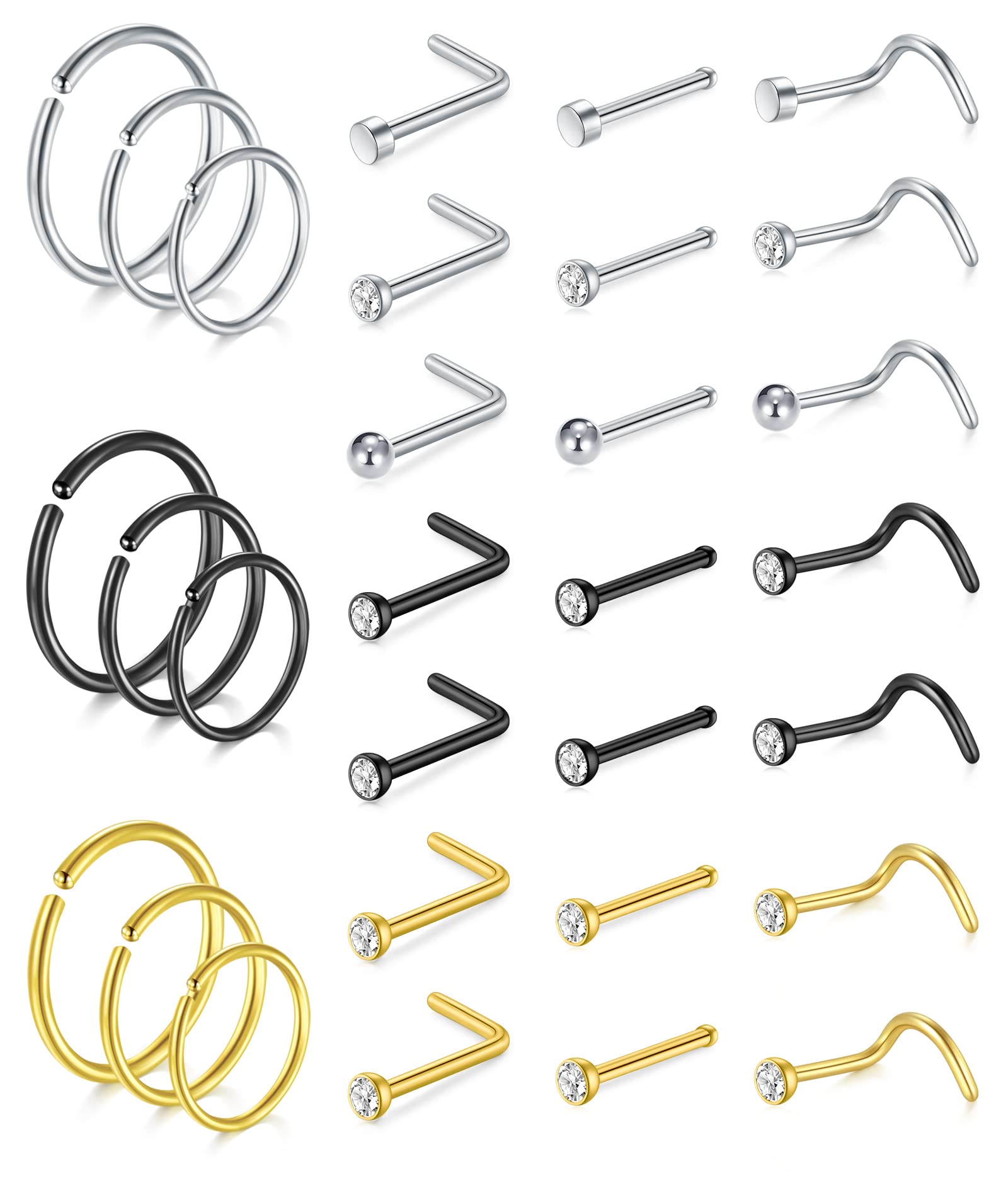 Nose Studs - 20G Stainless Steel L Shaped Nose Bone Screw Studs and Rings for Men and Women