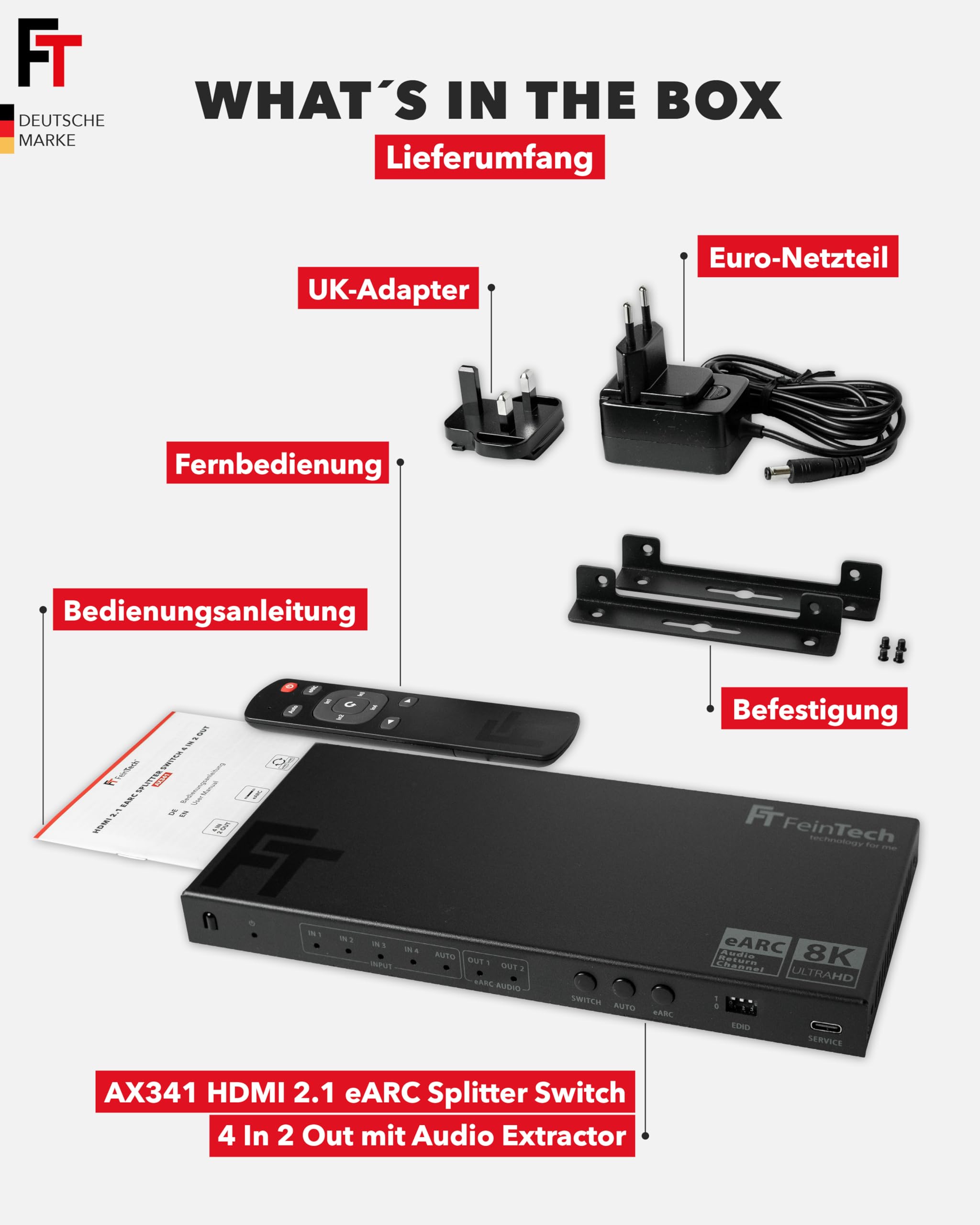 FeinTech AX341 HDMI 2.1 eARC Splitter Switch 4 In 2 Out mit Audio Extractor (eARC-Soundbar, Toslink & AUX), 8K 60Hz, 4K120Hz, Downscaler