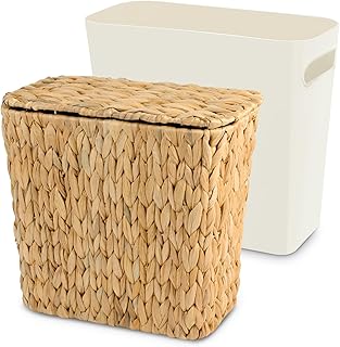 Wicker Trash Can with Lid and Liner, Handwoven Wicker Waste Basket, Wate...