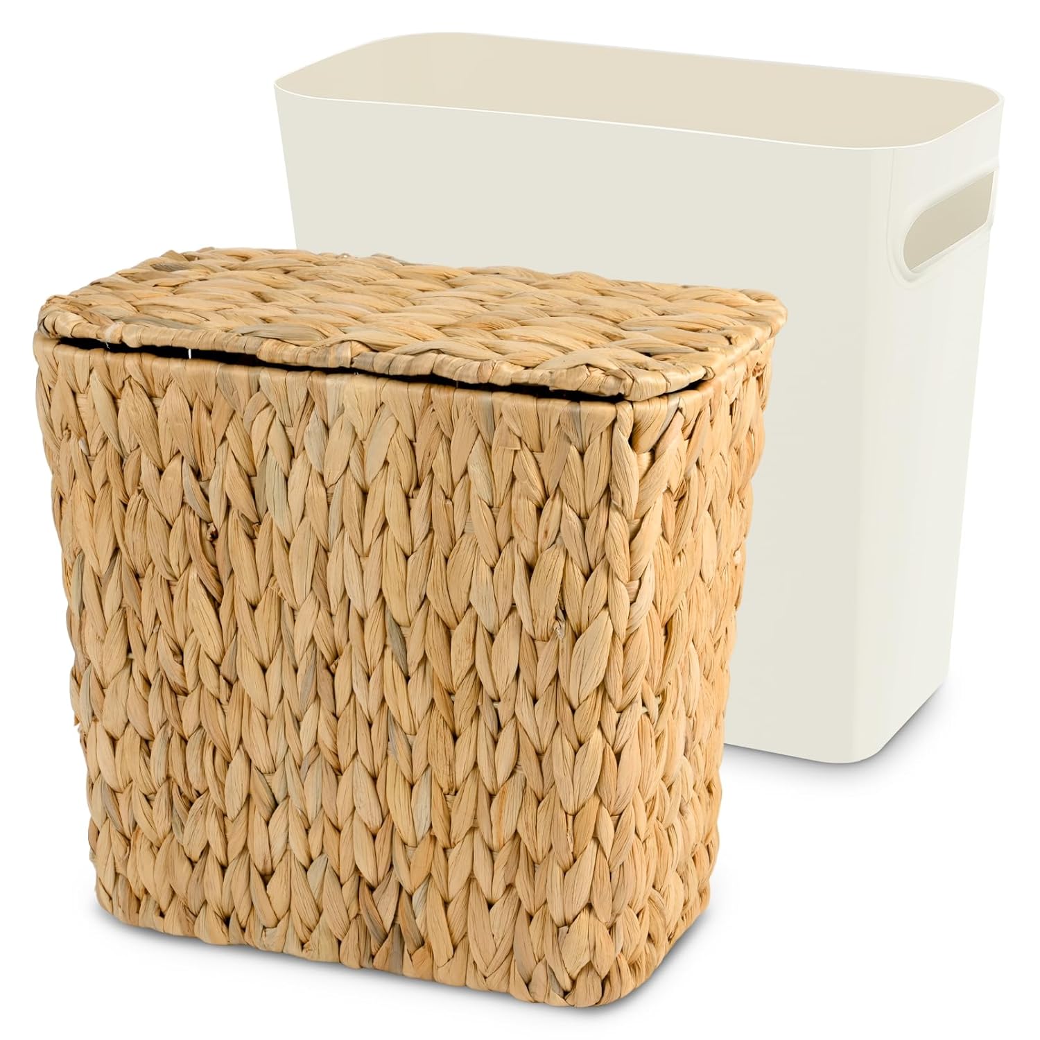 Wicker Trash Can with Lid and Liner, Handwoven Wicker Waste Basket, Water Hyacinth Bathroom Trash Can, Boho Rattan Garbage Wastebasket for Bedroom Home Living Room Office Kitchen, 2.5 Gallon