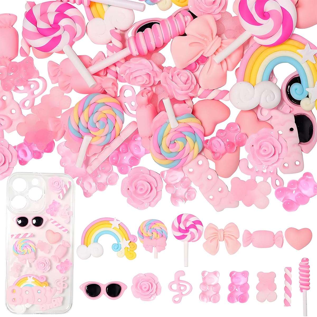 HASTHIP® 60Pcs Phone Case Charm DIY Crafting Resin Decors Ornaments for, 13 Assorted Pink Sweetly Stylish Themed Resin Charms, Box Packed-image-19