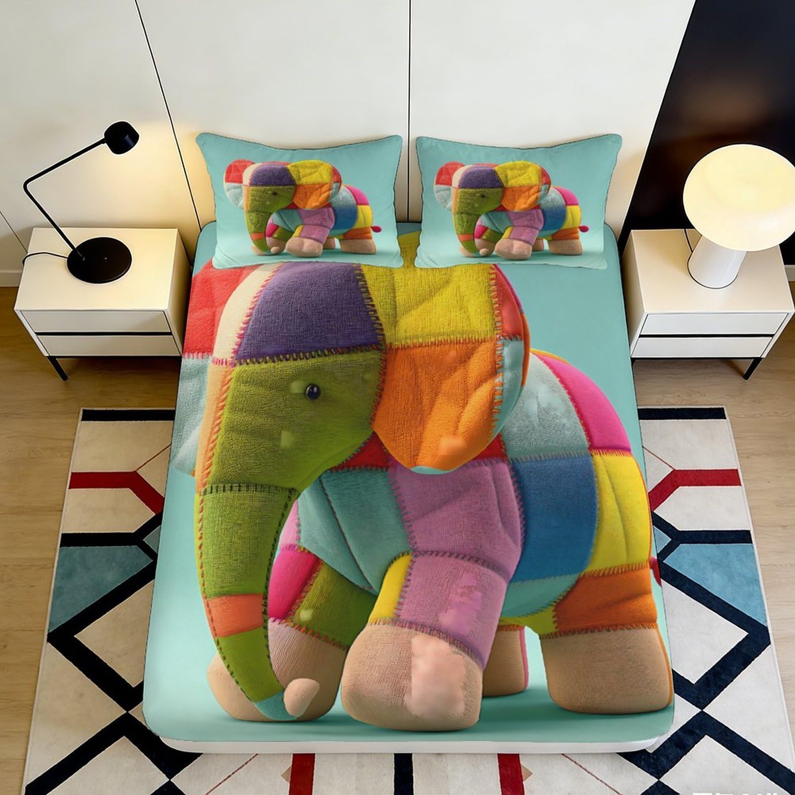 3D Printed Patchwork Elephant Fitted Sheet Microfiber Colourful Animal Bed Cover Anti-Slip Machine Washable for Bedroom Decor 90x200x25cm