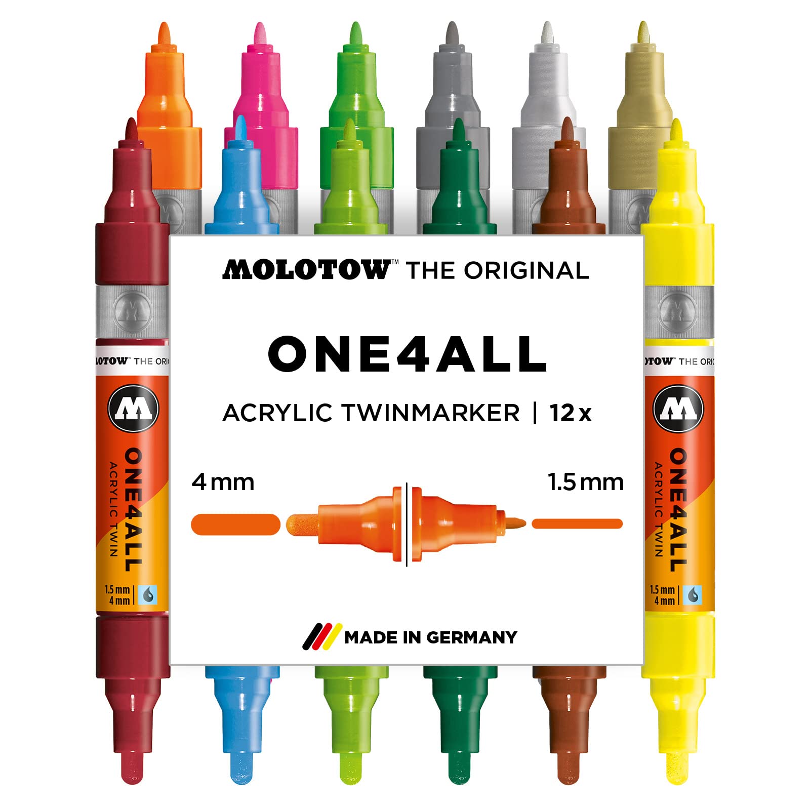 Molotow One4All Acrylic Twin Marker Main Kit 2 (Strichstärke 1,5 mm und 4,0 mm, hochdeckend und permanent, UV-beständig, für fast alle Untergründe) 12 Stück sortiert