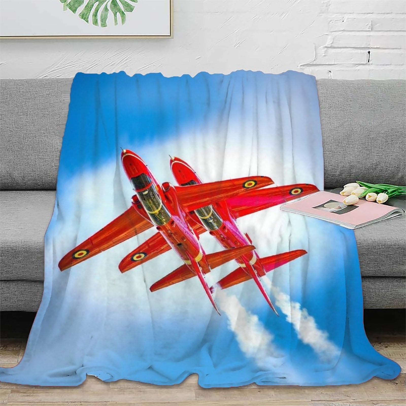 Fleece Fuzzy Throw Blanket Air Show, 3D Fleece Ribbed Jacquard Red Arrows Plane Blanket 50x60inch(127x152cm), Fuzzy Aesthetic Room Decor for Couch Sofa Bed, Gifts for Christmas, Birthdays