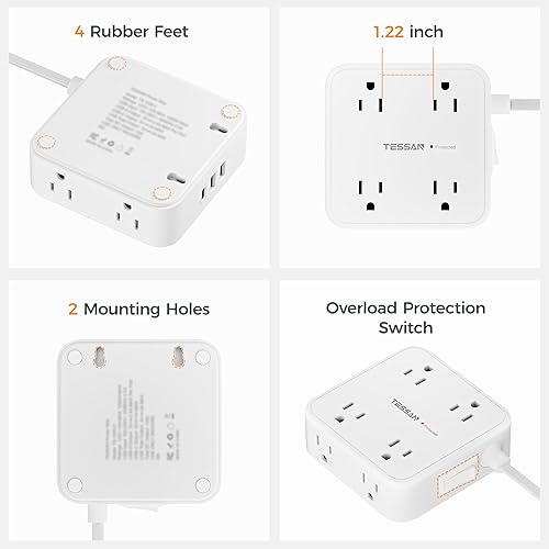 Miniatura 7 de Tessan Enchufe múltiple para sobretensión, 900 J, cable plano, 5 ft, 8 tomacorrientes, 3 puertos USB (1 USB C), extensor 3 lados, suministros de