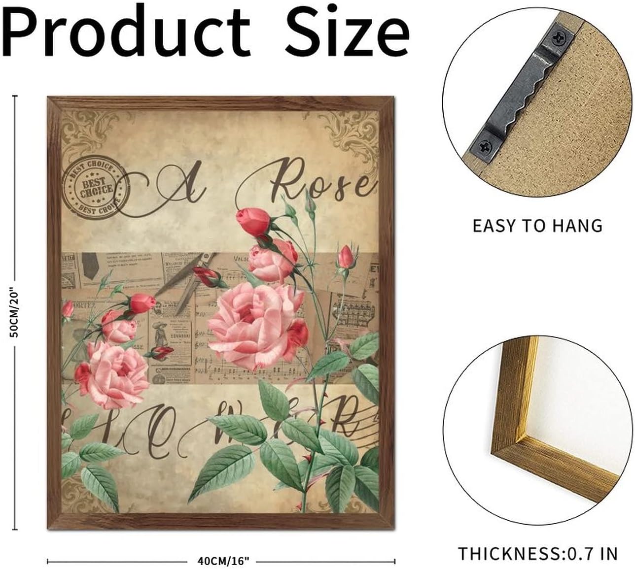 Vintage French Rose Flower Framed Wood Signs Retro Newspaper Music Note Wood Hanging Sign Classic Blossom Floral Wood Wall Hanging Decorative for Women Office Bathroom Shelf Decor 20x16inch