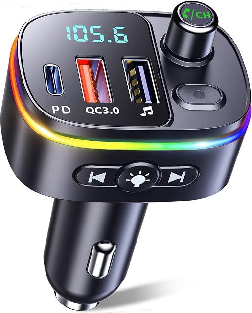 Mohard FM Transmitter for Car Bluetooth 5.0, QC3.0 & PD 18W USB C Car Charger, 9 RGB Backlit Car Bluetooth Receivers, Bluetooth Car Adapter Support Handsfree Calls, Siri Google Assistant, USB Drive