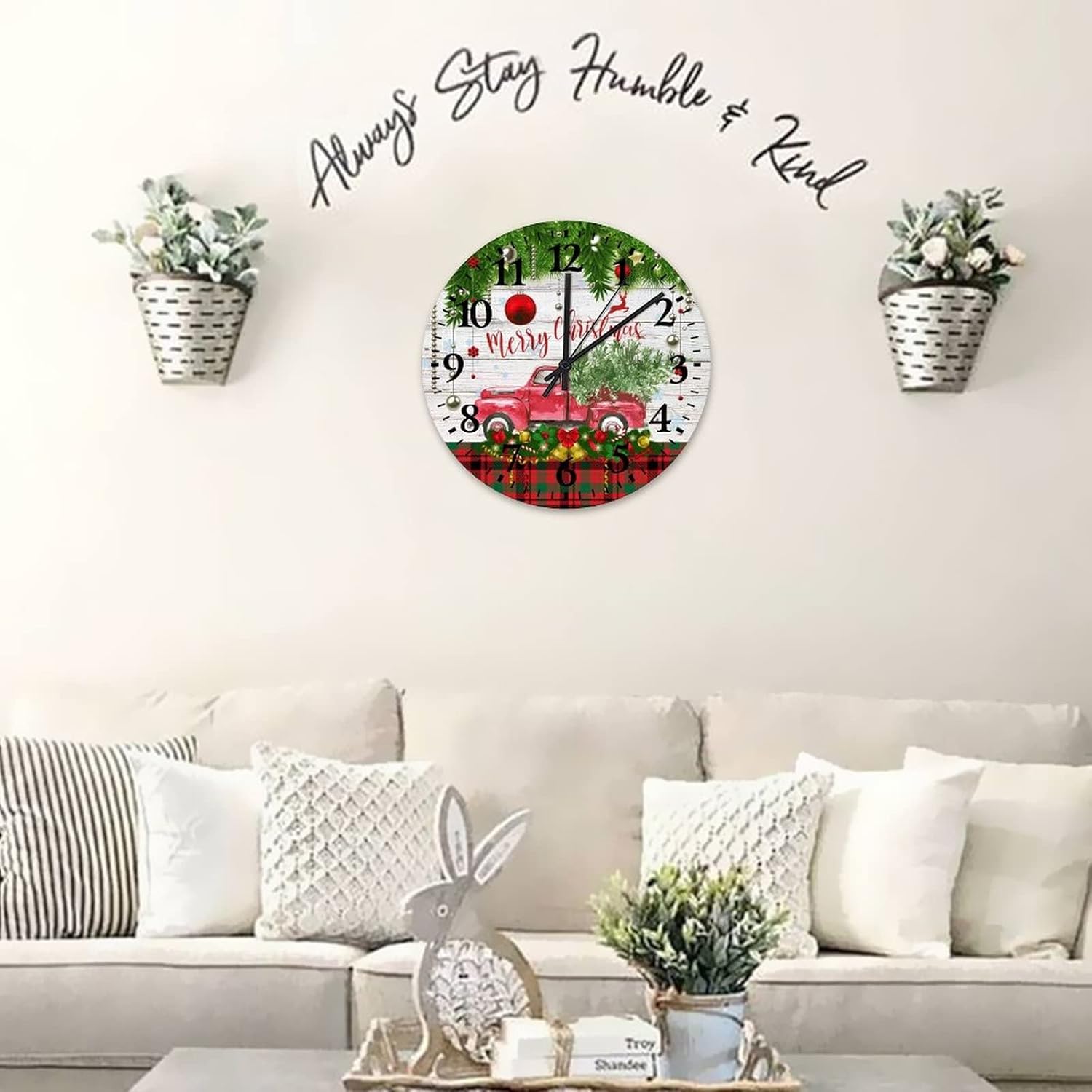 Merry Christmas Tree Truck Wood Wall Clocks 12 Inch, Red Truck with Xmas Tree Winter Holiday Christmas Cool Things for Your Room Battery Operated Silent Non-Ticking Round Arabic Numeral Clock