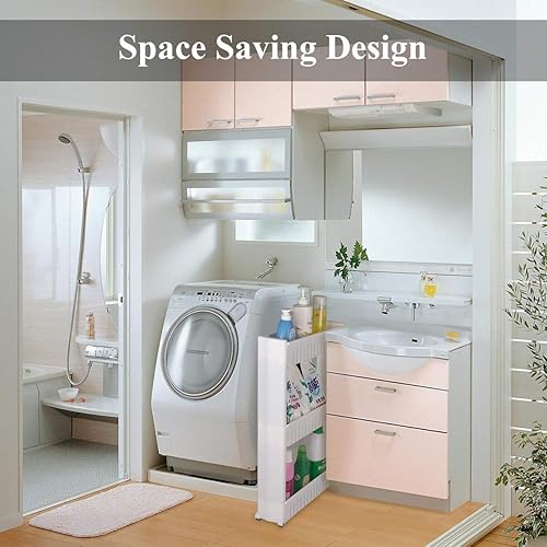 Miniatura 4 de Estante organizador móvil para lavandería con 5 grandes cestas de almacenamiento, diseño delgado ideal para espacios estrechos, PP, 4 niveles.