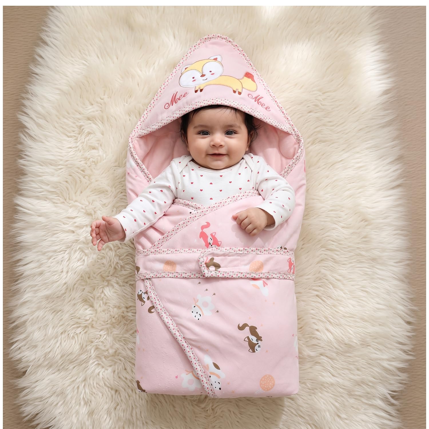Mee Mee 3-in-1 Baby Wrapper & Carry Nest for Newborns | Soft Breathable Cotton Swaddle with Hood and Cushion | Adjustable Tie-Up Design | Lightweight, Cozy & Easy to Carry (0–6 Months) (Pink)-image-35