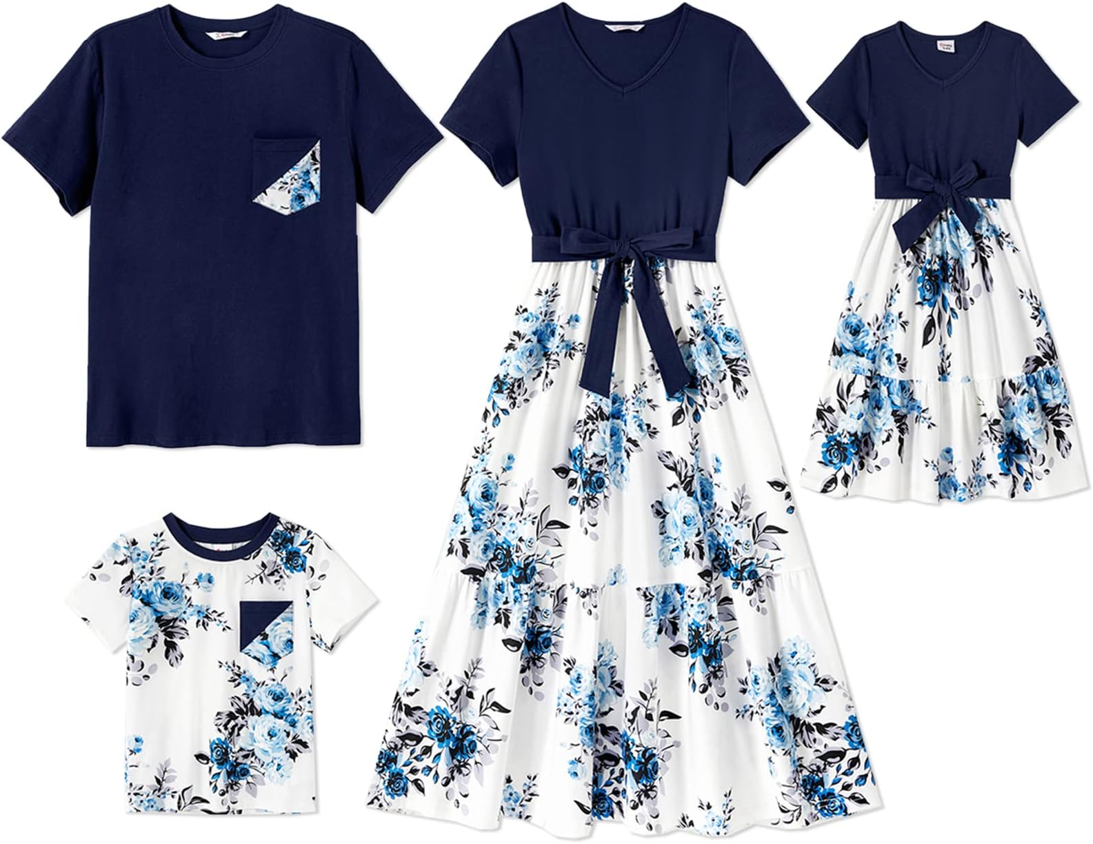 PatPatFamily Matching Outfits Mommy and Me Dress Casual Floral Printed Belted Ruffle Dresses and Short Sleeve T-Shirts