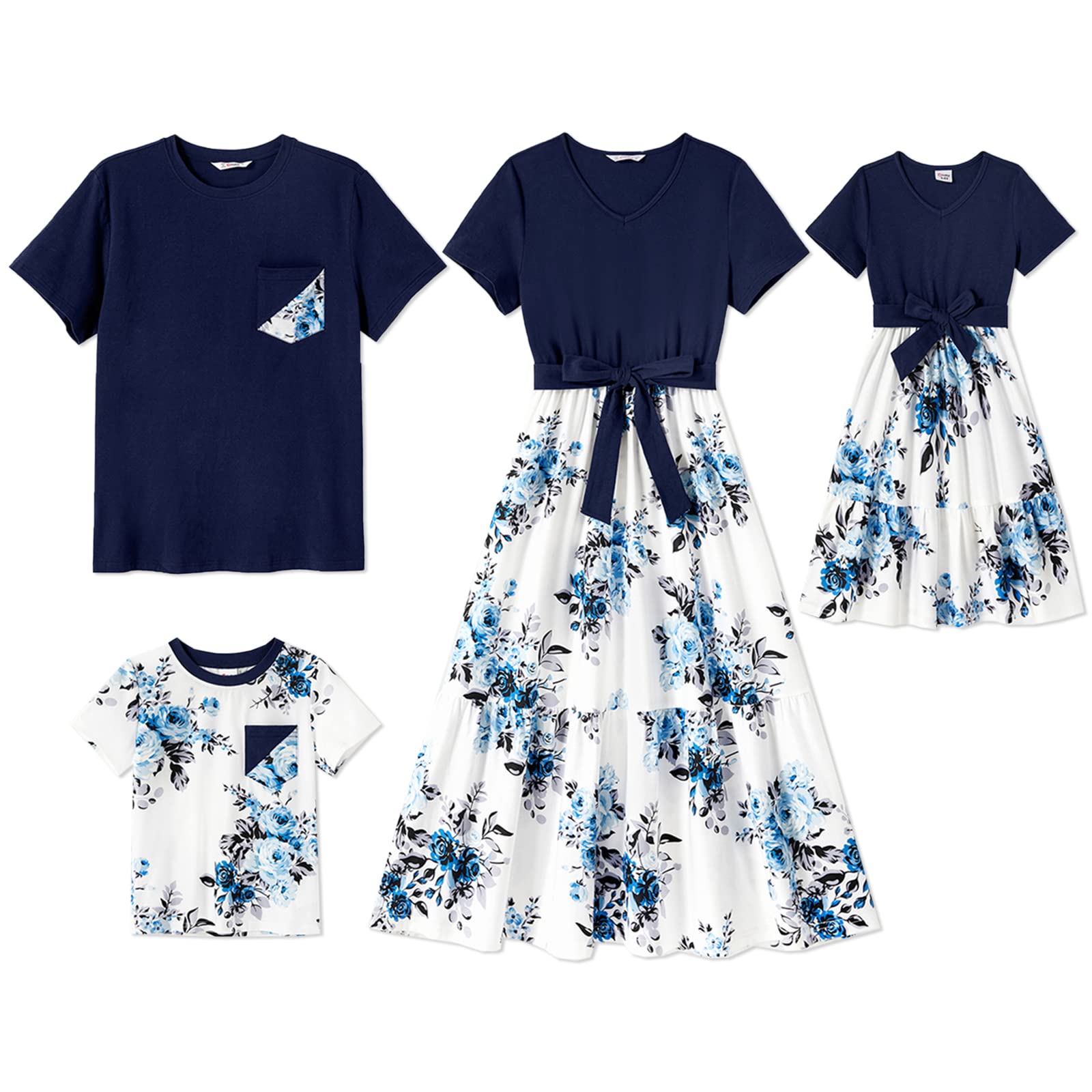 PatPatFamily Matching Outfits Mommy and Me Dress Casual Floral Printed Belted Ruffle Dresses and Short Sleeve T-Shirts