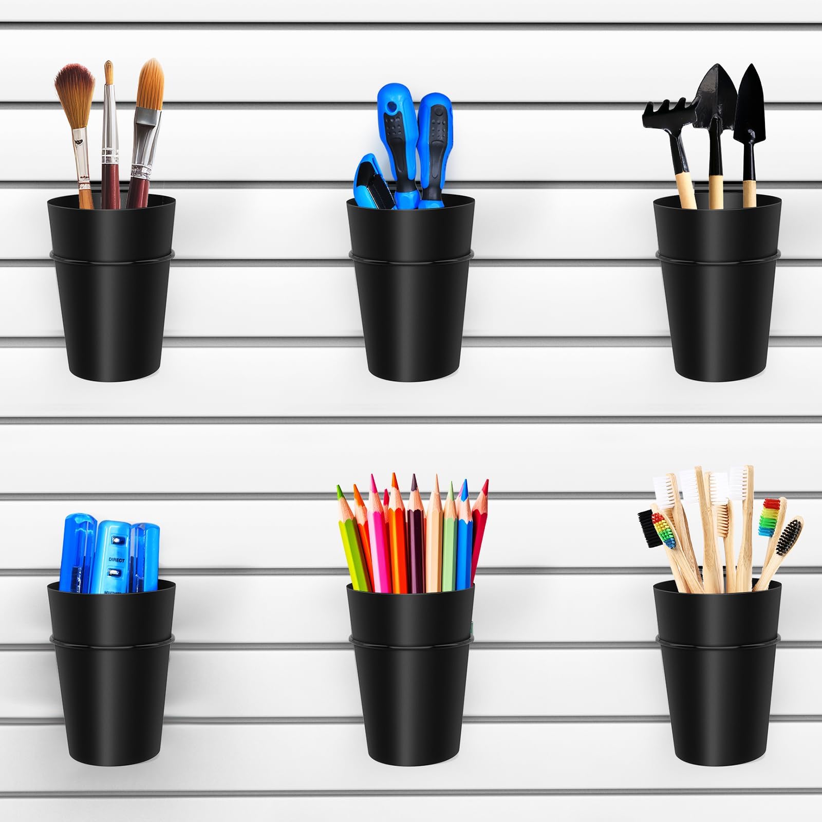 6 Sets Slatwall Cups with Loops Slatwall Accessories Set Slat Wall Hook Tools Storage Arrange System Kit for Garage Craft Workshop Workbench Hobby Office (6, Black)