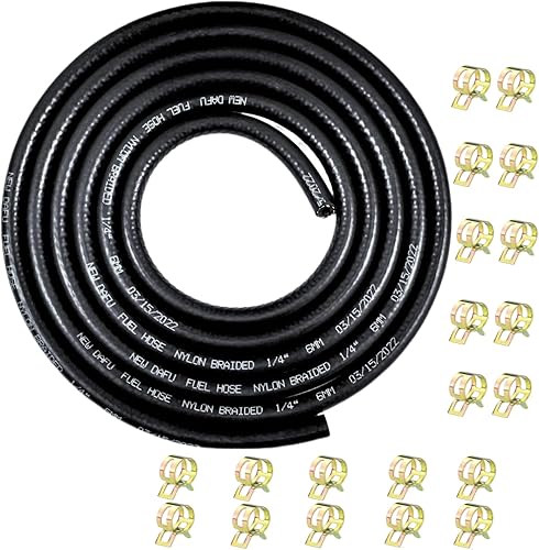 Juego de línea de combustible trenzada de nailon NBR de 1/4 de pulgada y 0.236 in ID NBR, 10 pies + 20 abrazaderas de manguera de identificación de