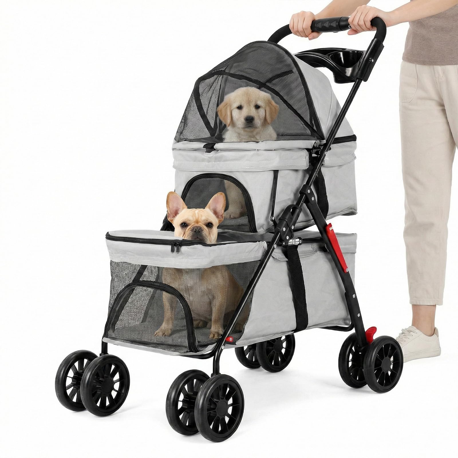 Passeggino per animali domestici a doppio strato per cani e gatti di piccola e media taglia, 3 in 1, pieghevole, passeggino da viaggio leggero, 100 cm x 73 cm x 49 cm (grigio)